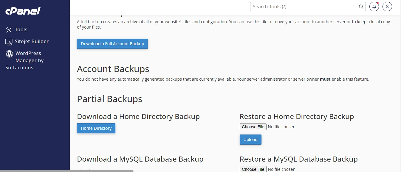 Backup details Hosting Provider