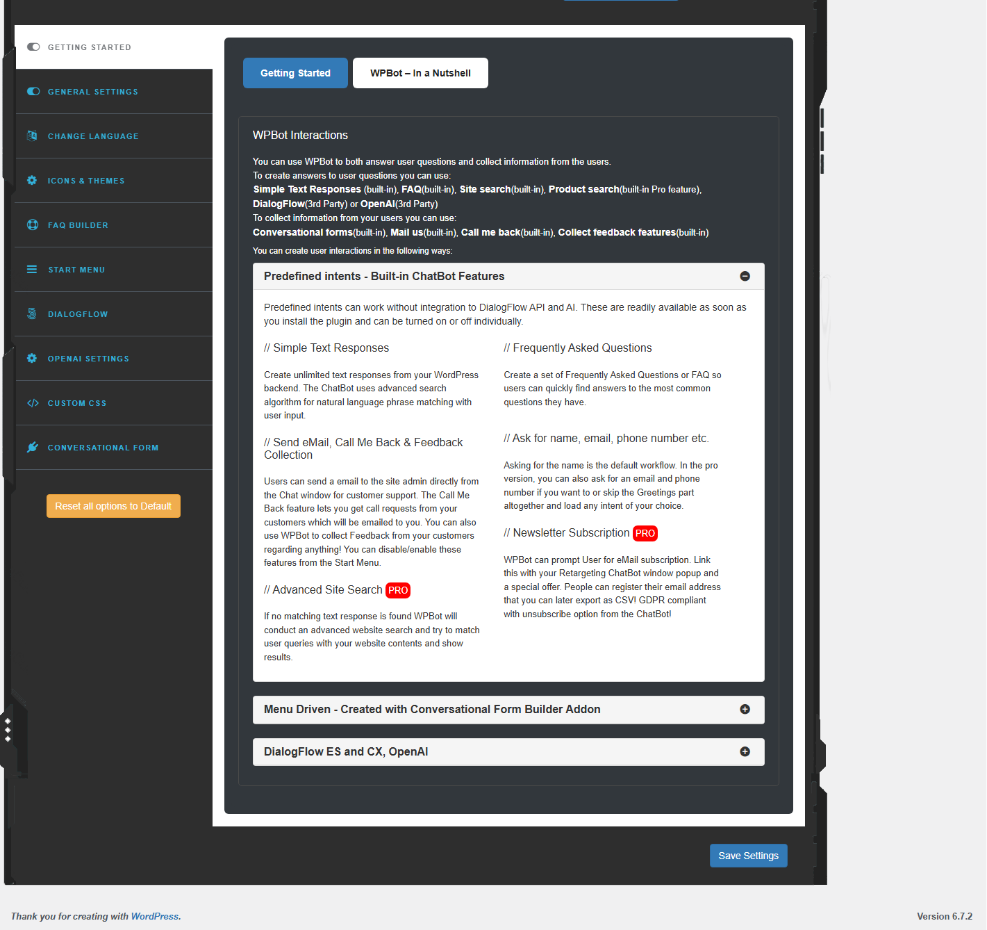 Predefined intents WPBot