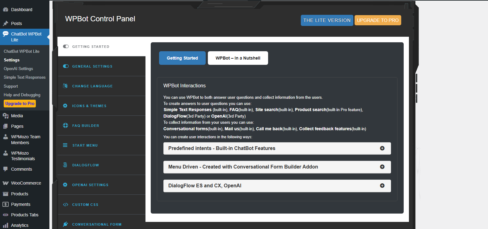 WPBot getting started settings.