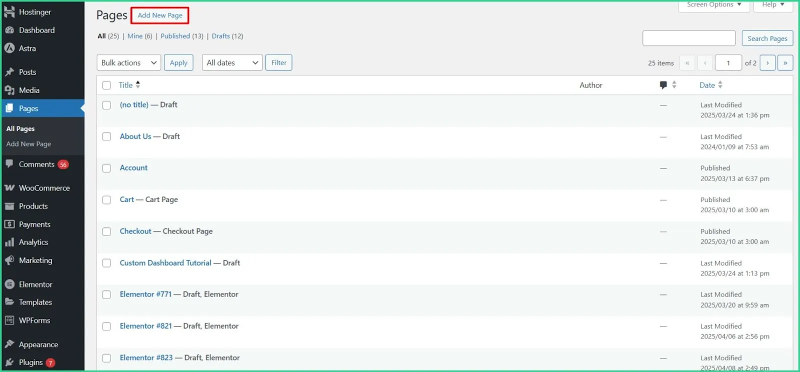 Adding a new page in WordPress