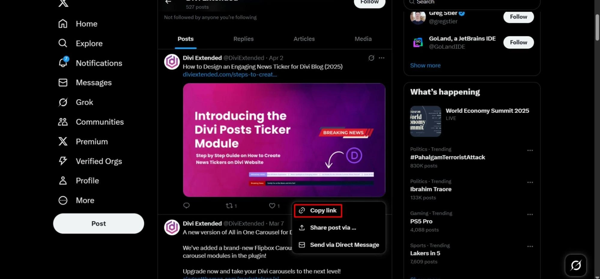 Copying Twitter post link