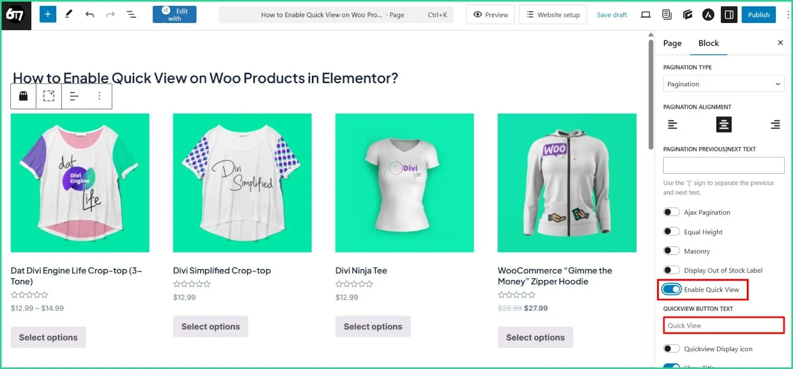 The option to enable the QuickView in Product Grid widget.