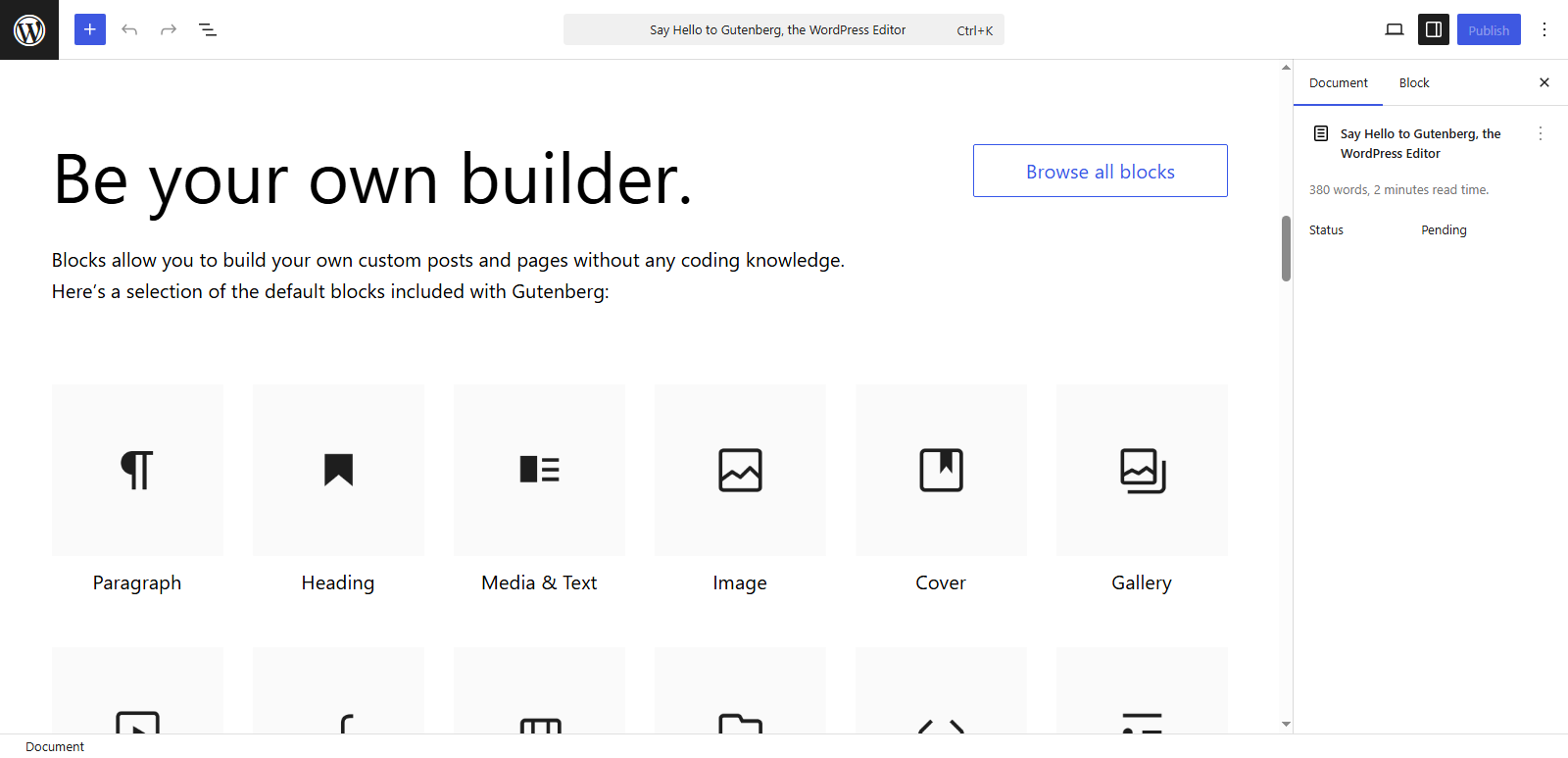Blocks preview of the Gutenberg Editor