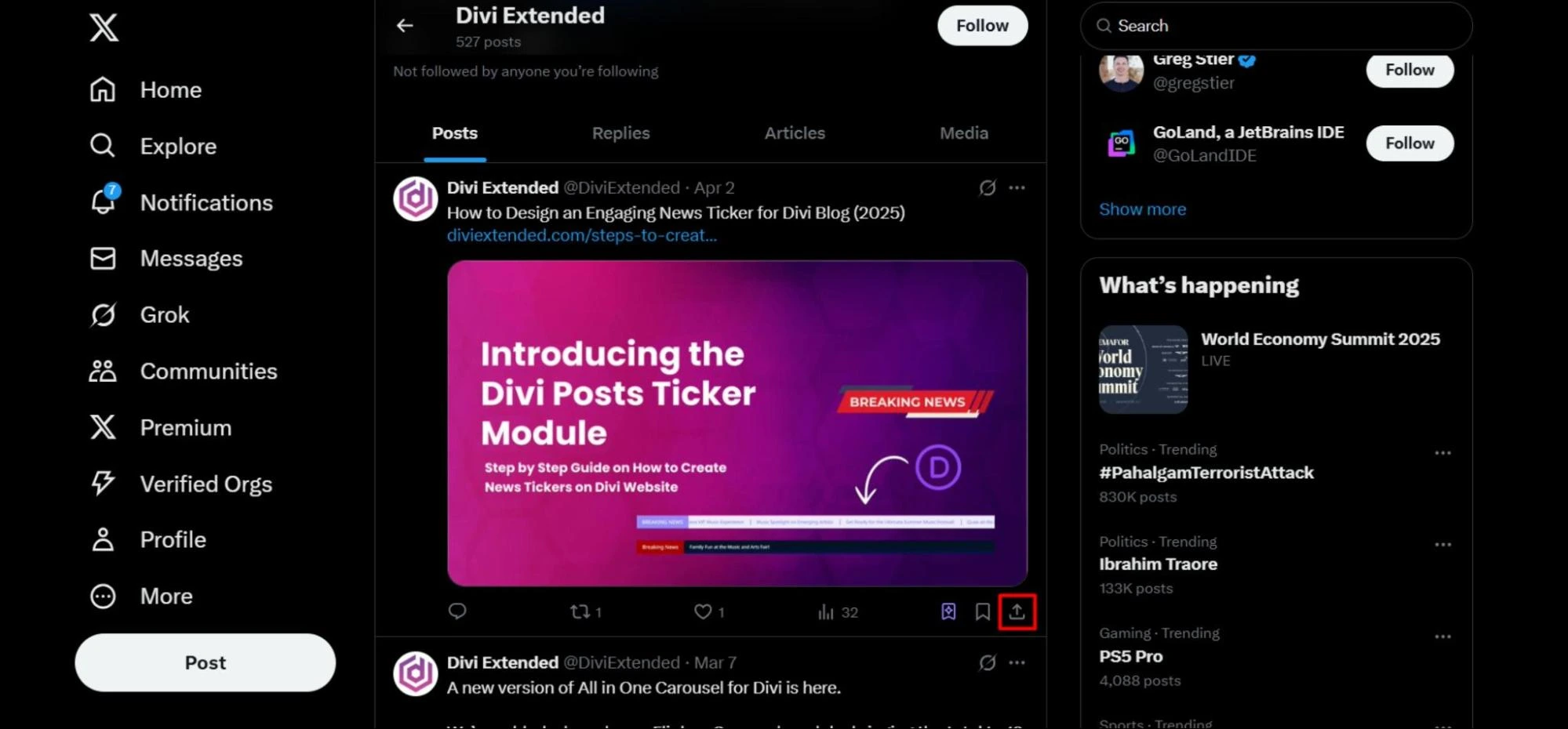 Accessing the share button of Twitter