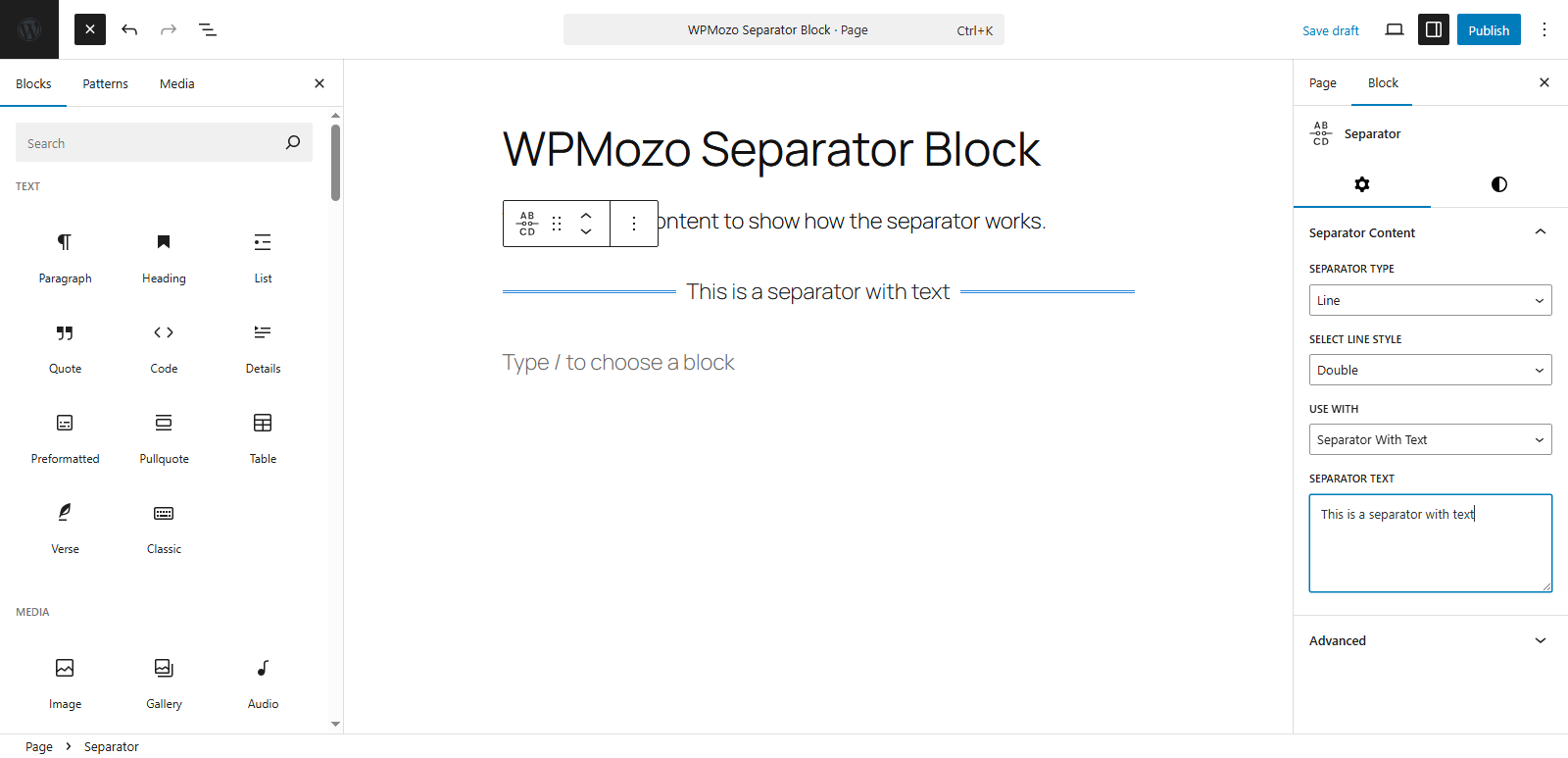 Working example of Separator block