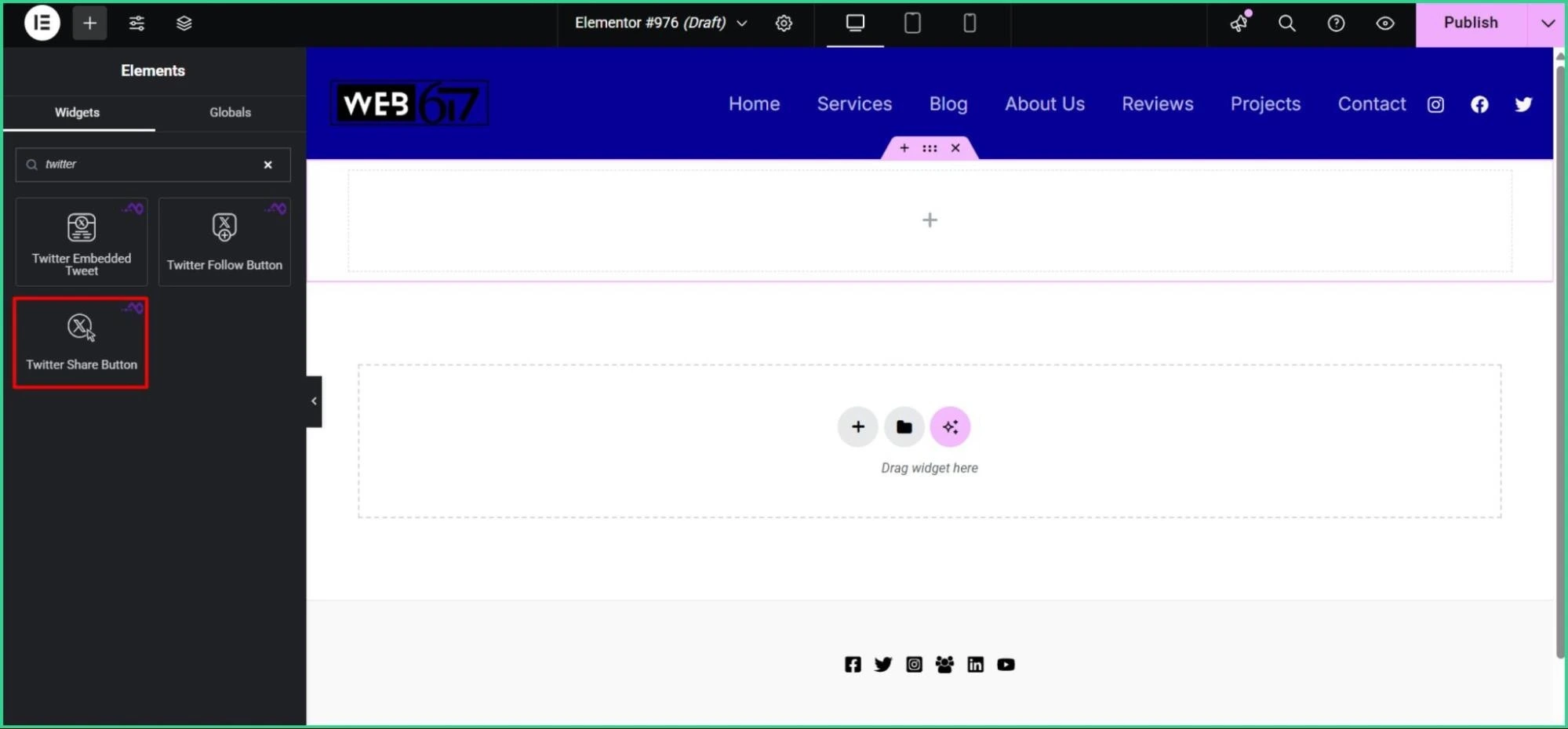 Twitter Share Button widget in Elementor