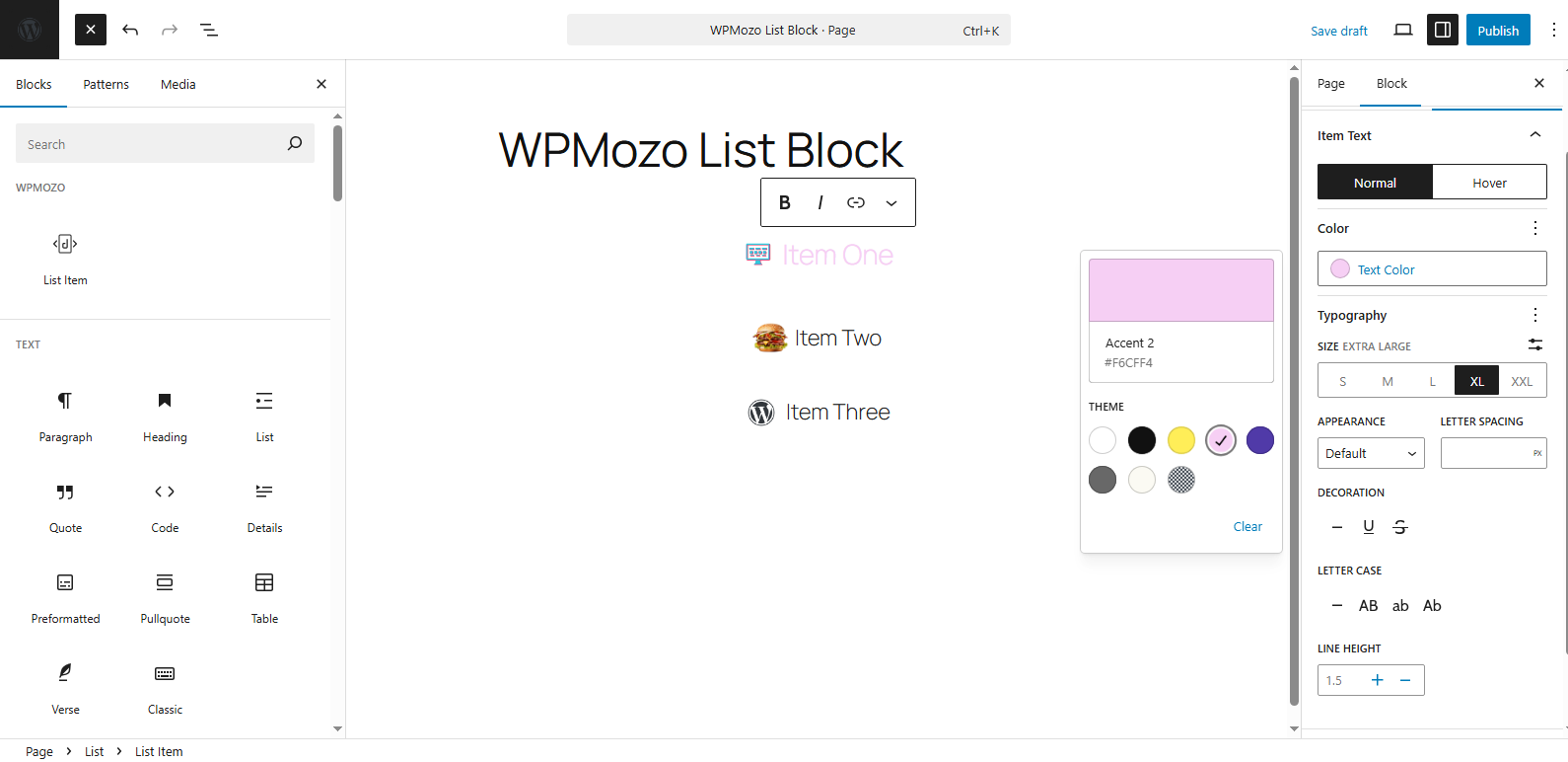 Working of WPMozo List Block