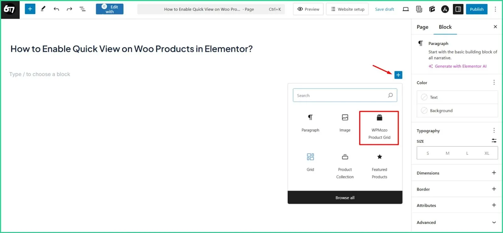 WPMozo Product Grid Block in the editor.