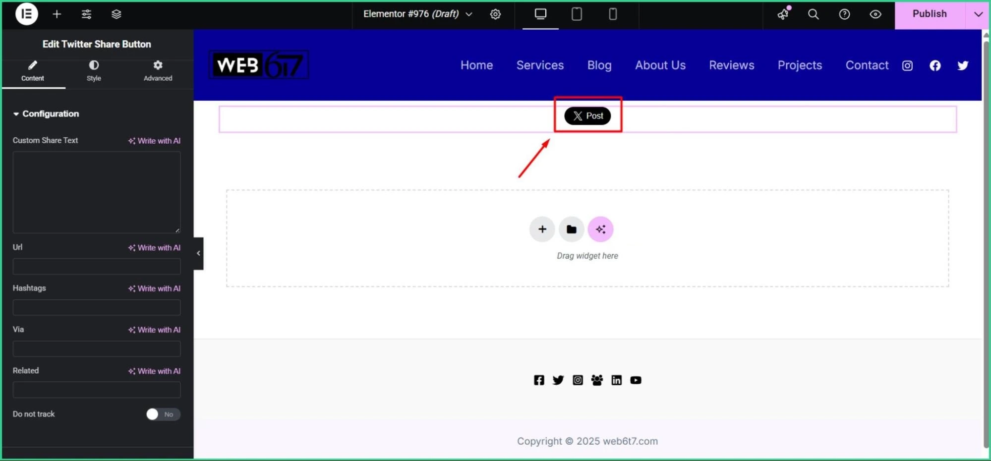 X post button in Elementor