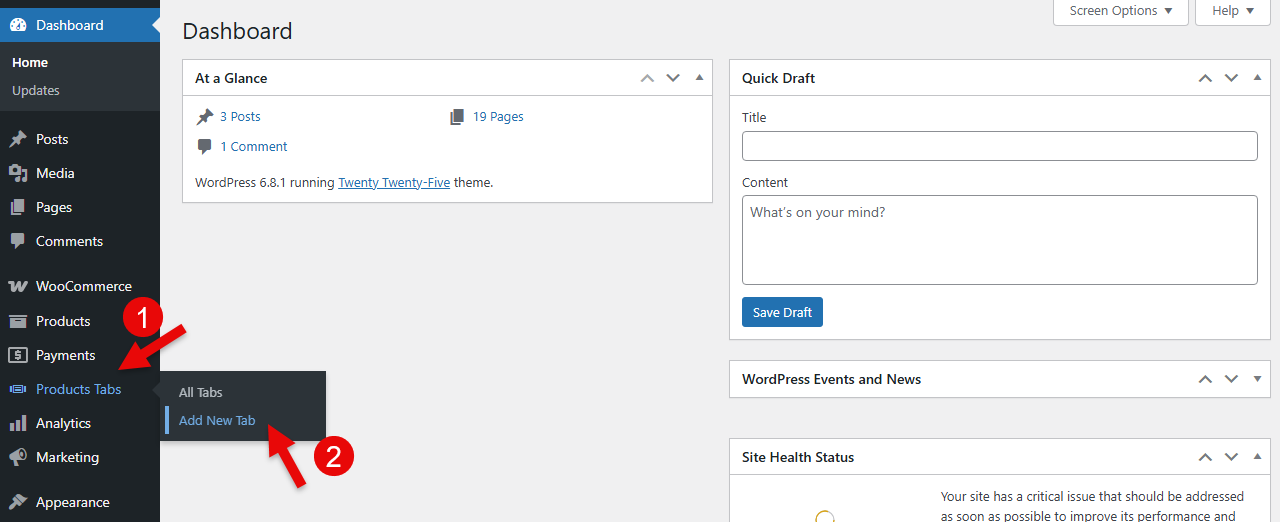 Steps to access the option to create a new product tab.