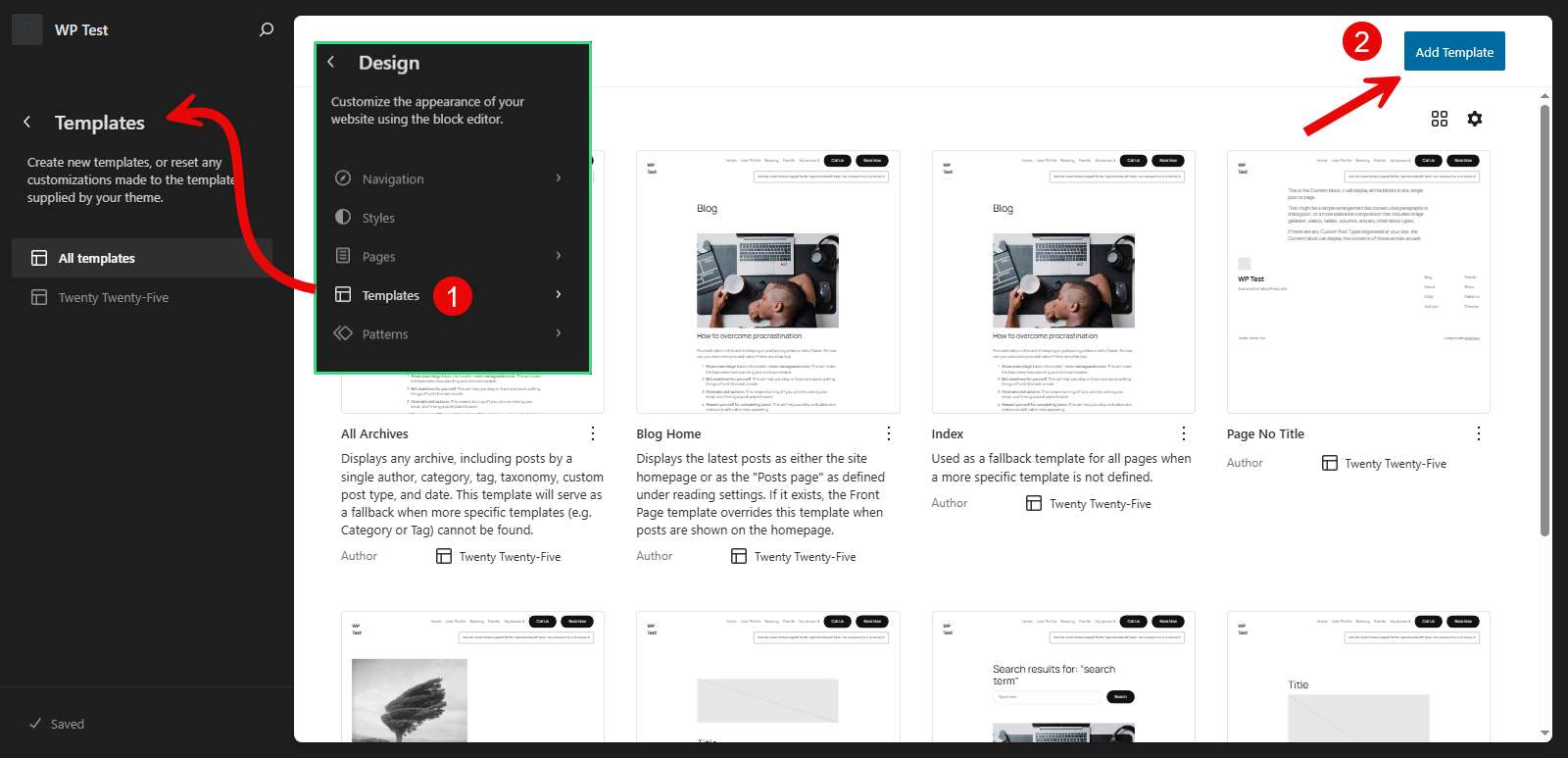 Image showing how to create a new template in the new WordPress editor.