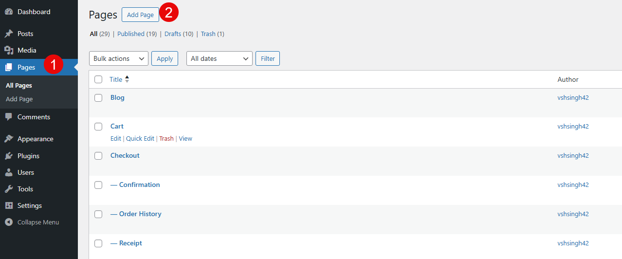 Steps to add a new page in WordPress