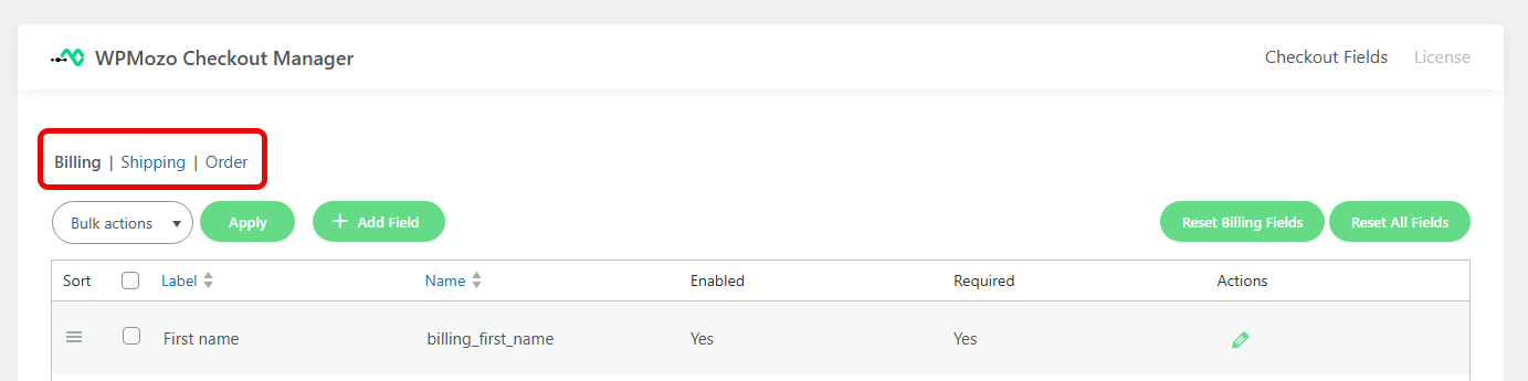 Billing, Shipping, and Order options of the WooCommerce Checkout Manager by WPMozo.