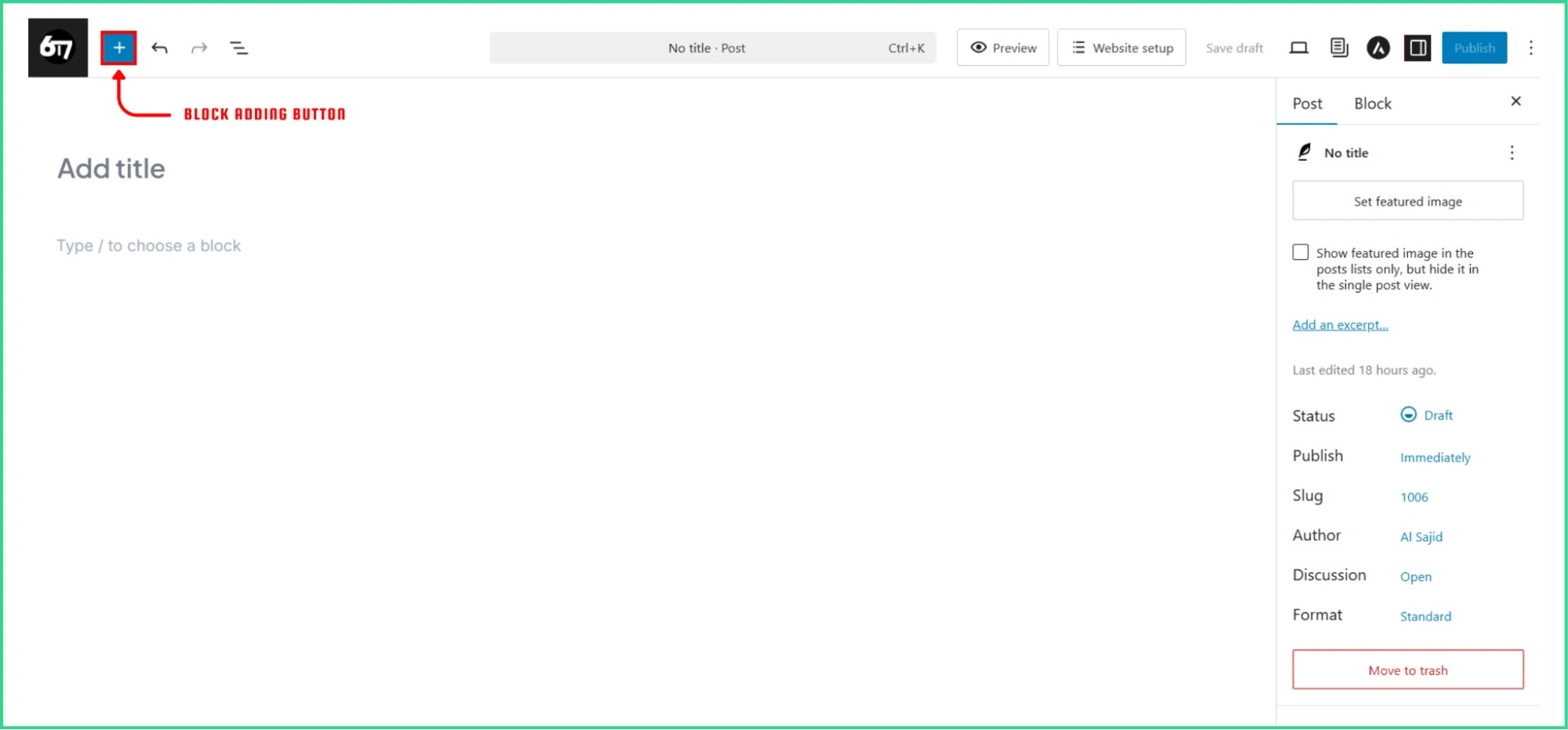 Block Adding button in the top bar of Gutenberg Editor