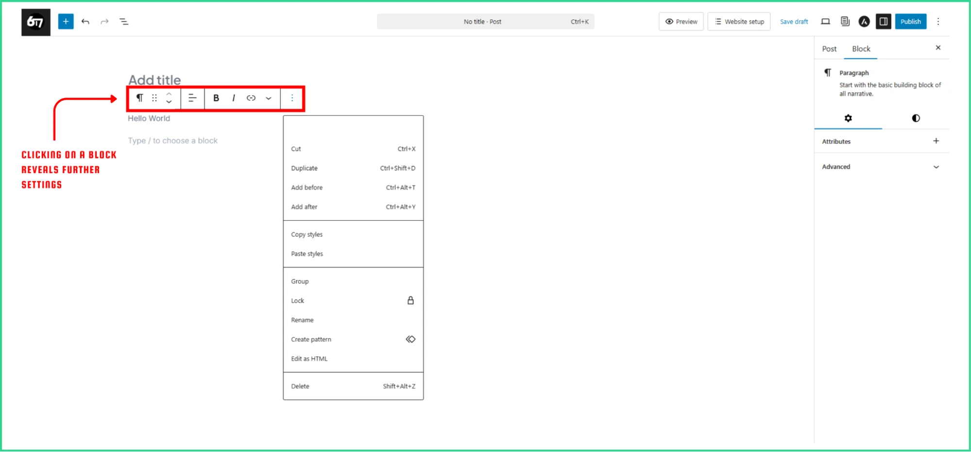 Top bar in Gutenberg WordPress editor for blocks.