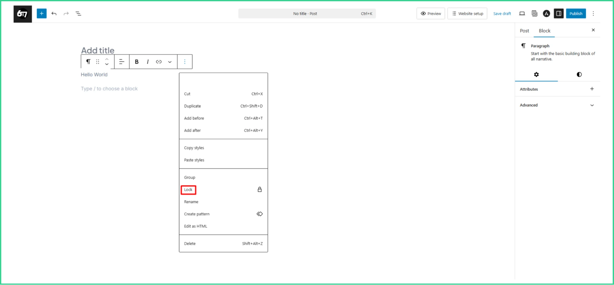 The Lock option of Gutenberg WordPress block editor.