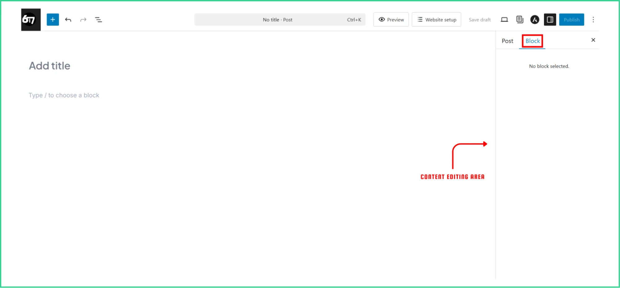 Empty Block settings area in Gutenberg editor.