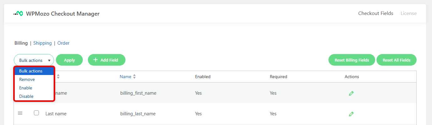 Bulk action of WPMozo Checkout Manager