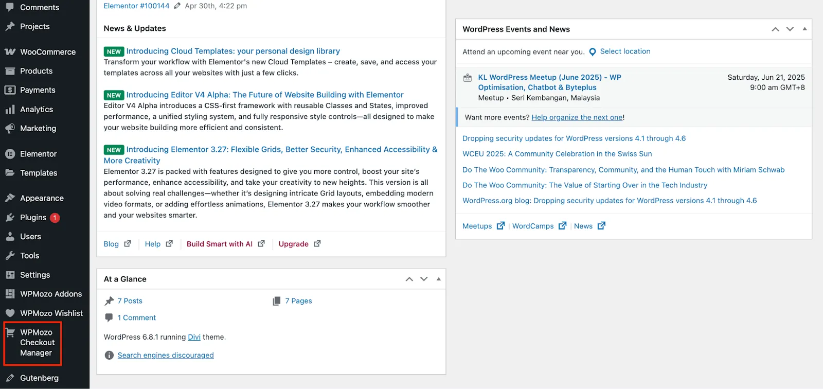 WPMozo Checkout Manager in the WordPress menu.