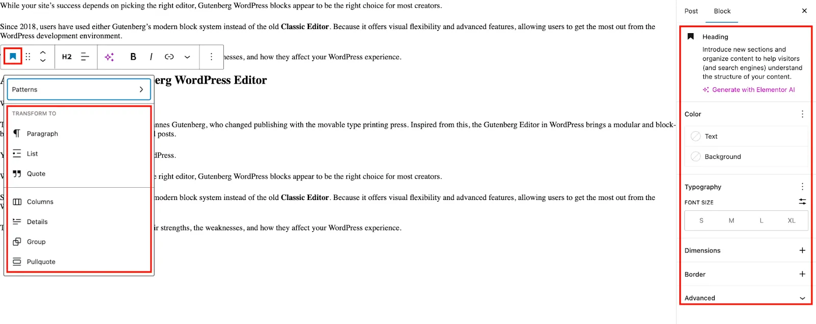 Gutenberg editor view with content