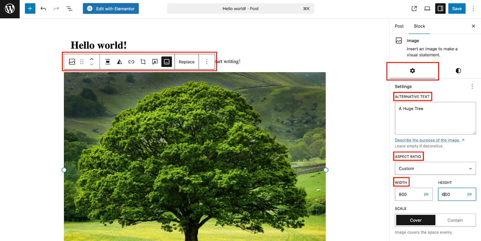 Image block customization settings.