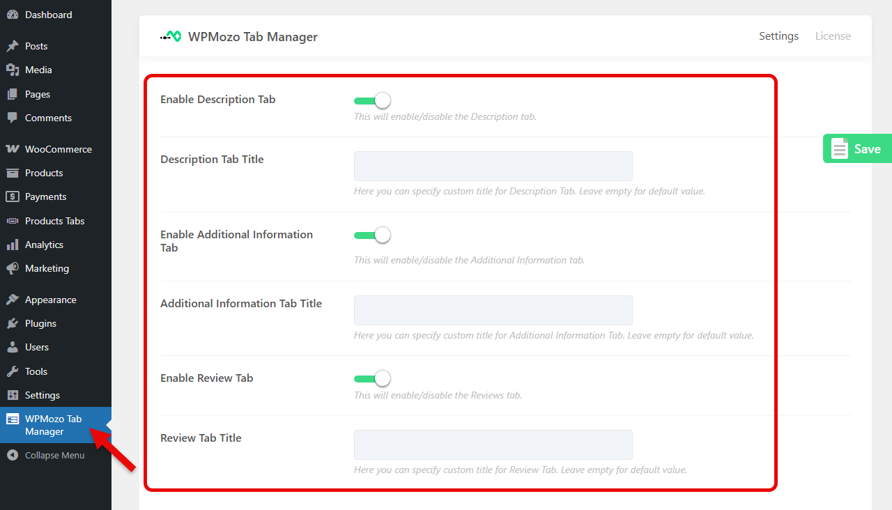 WPMozo Tab Manger options for the native tabs of WooCommerce product pages.