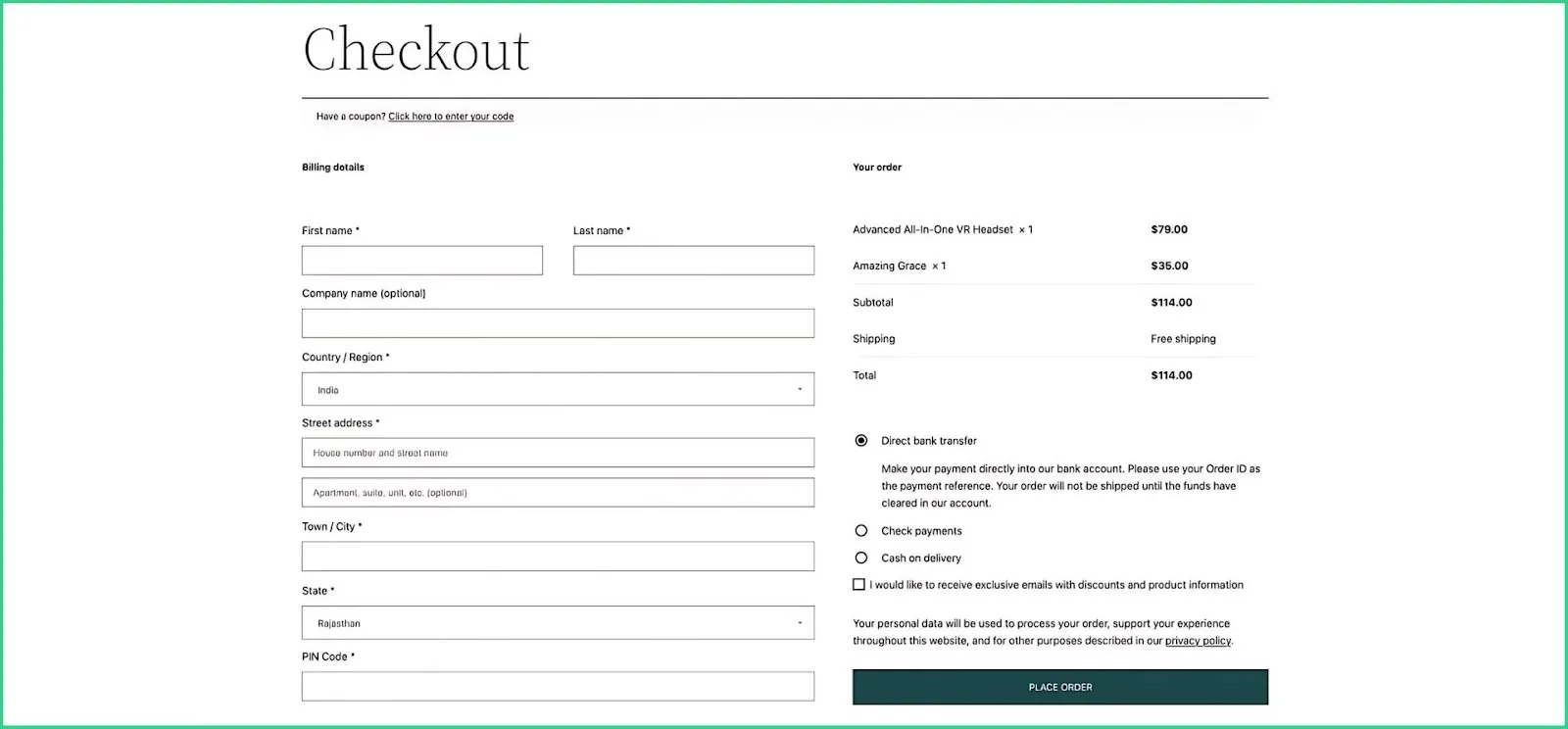 Native Woo Checkout page.
