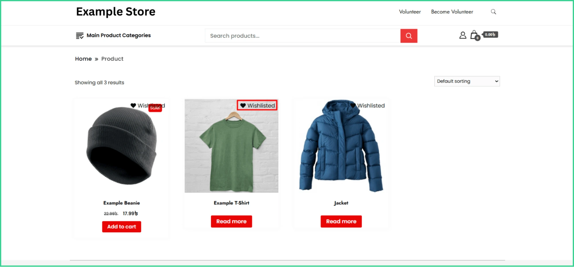 WooCommerce Wishlist functionality on an Example store.