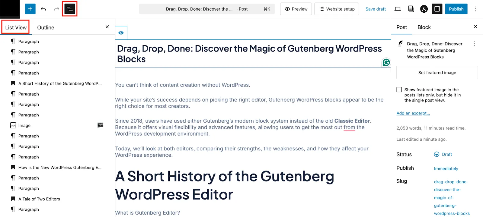 Block used List view panel in the Gutenberg Editor