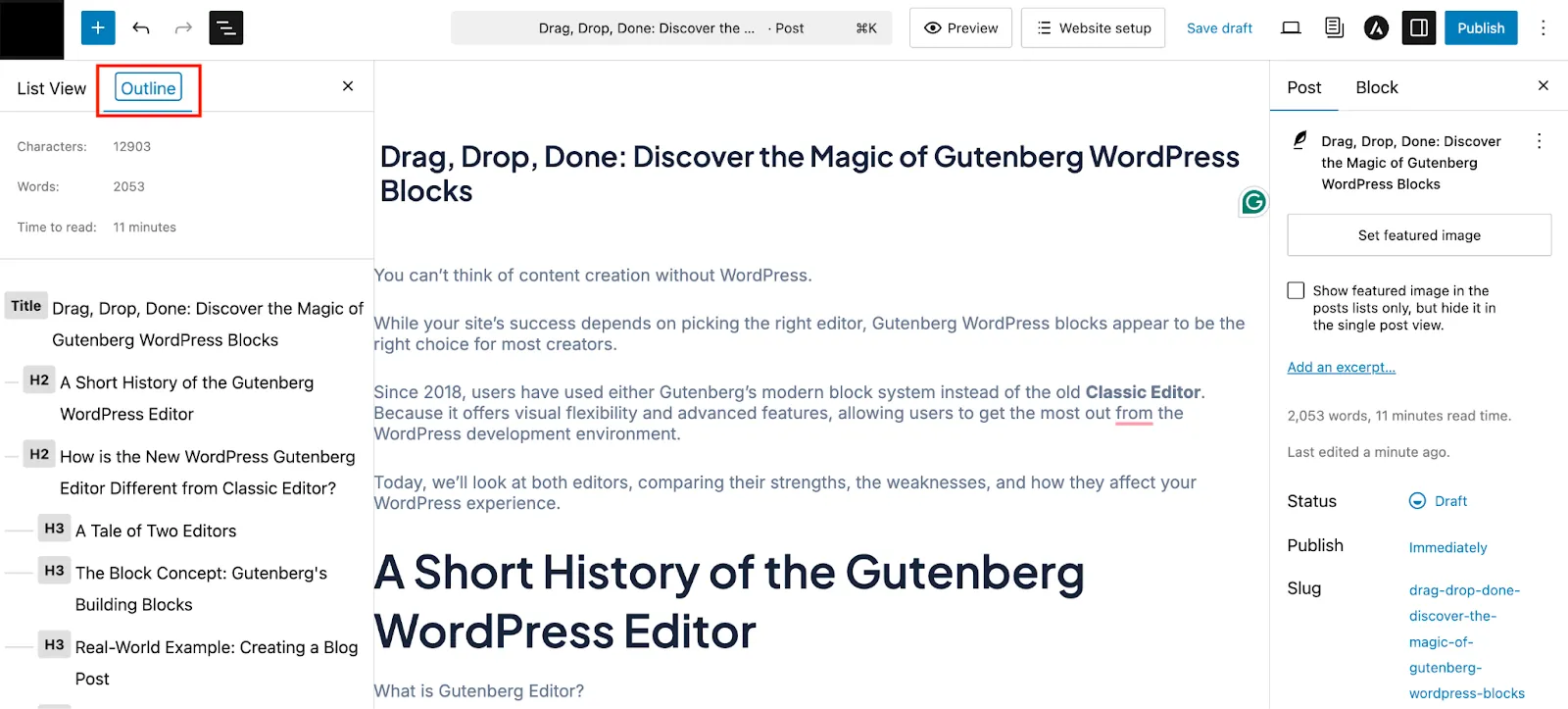 Outline panel in the Gutenberg Editor