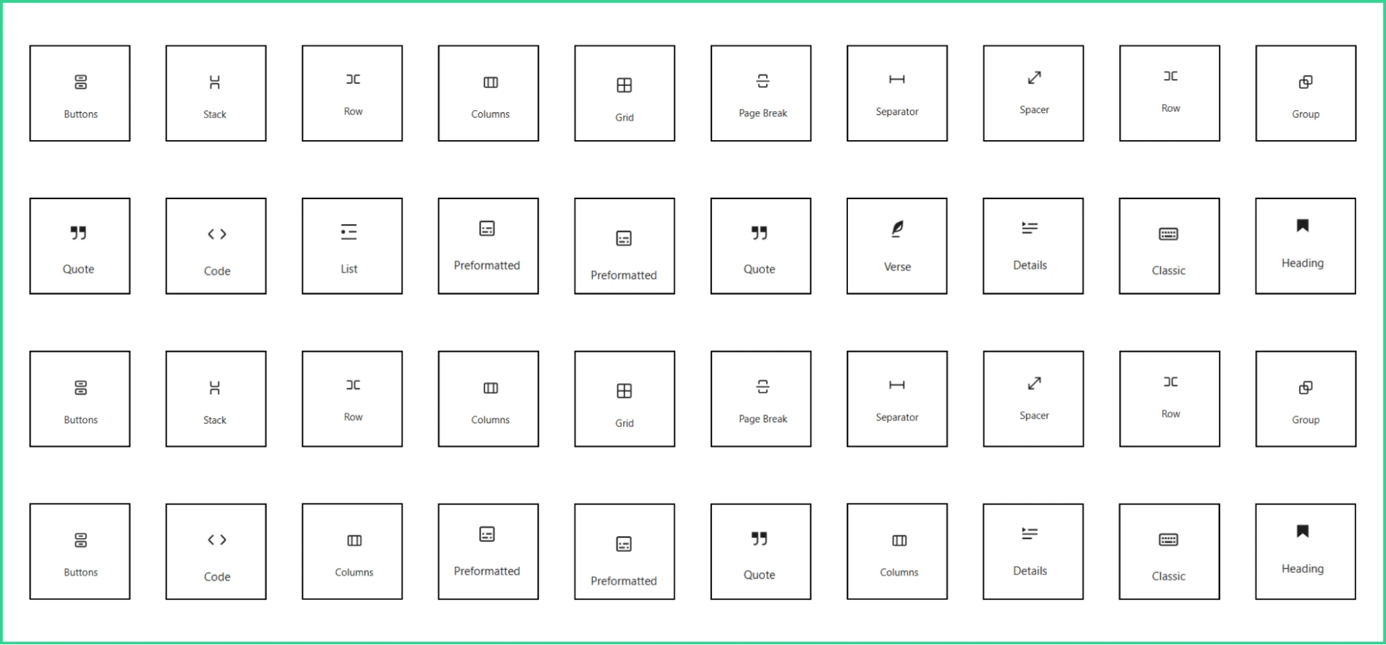 Complete list of blocks in the Gutenberg WordPress editor.