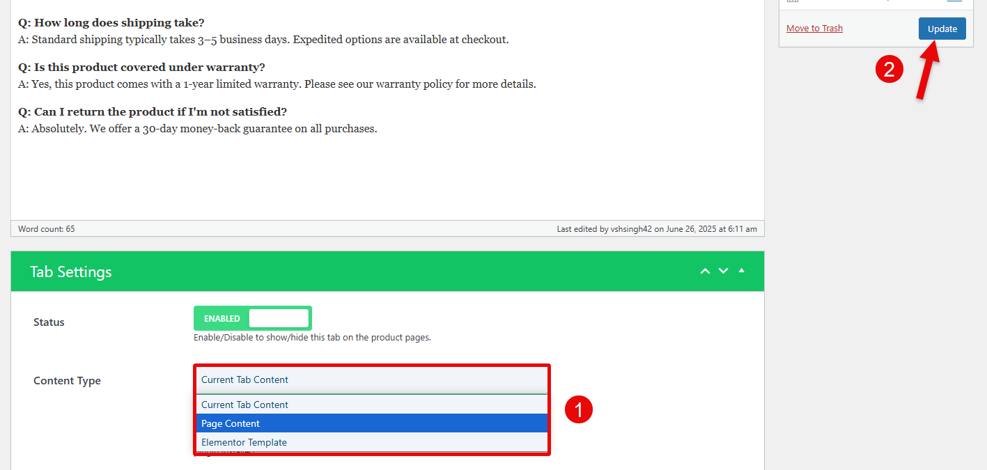 Page Content option in the Content Type settings of WPMozo WooCommerce Tab Manager.