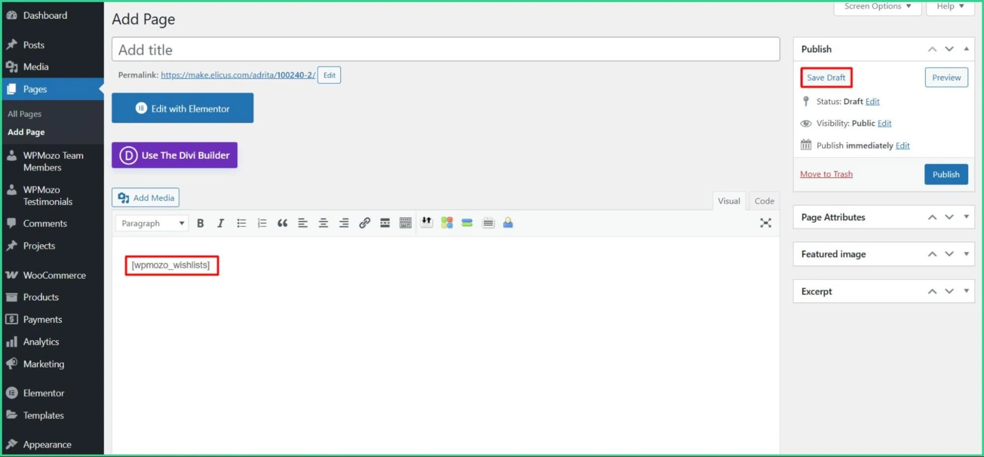 Pasting the Wishlist Shortcode.