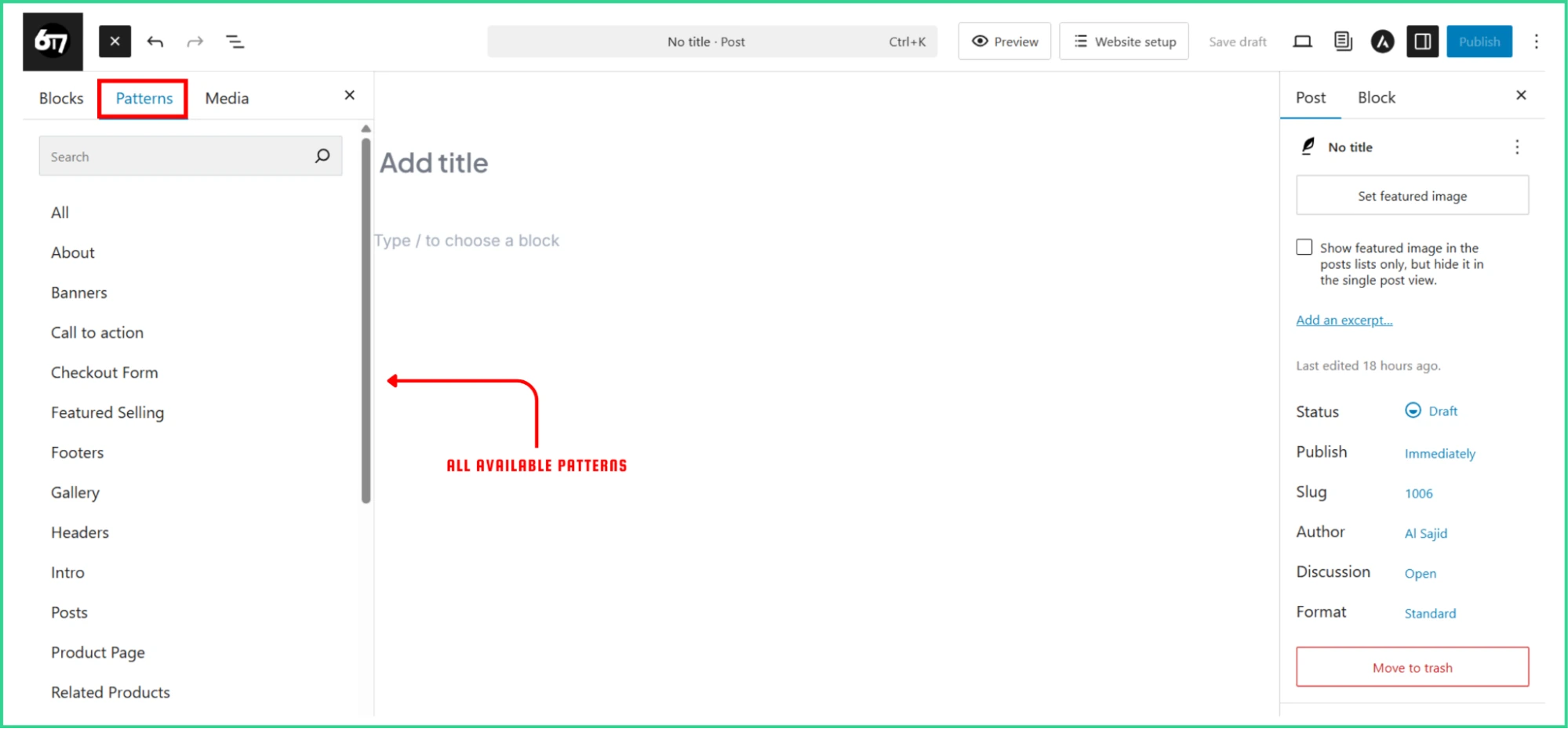 Patterns panel in the Gutenberg Editor