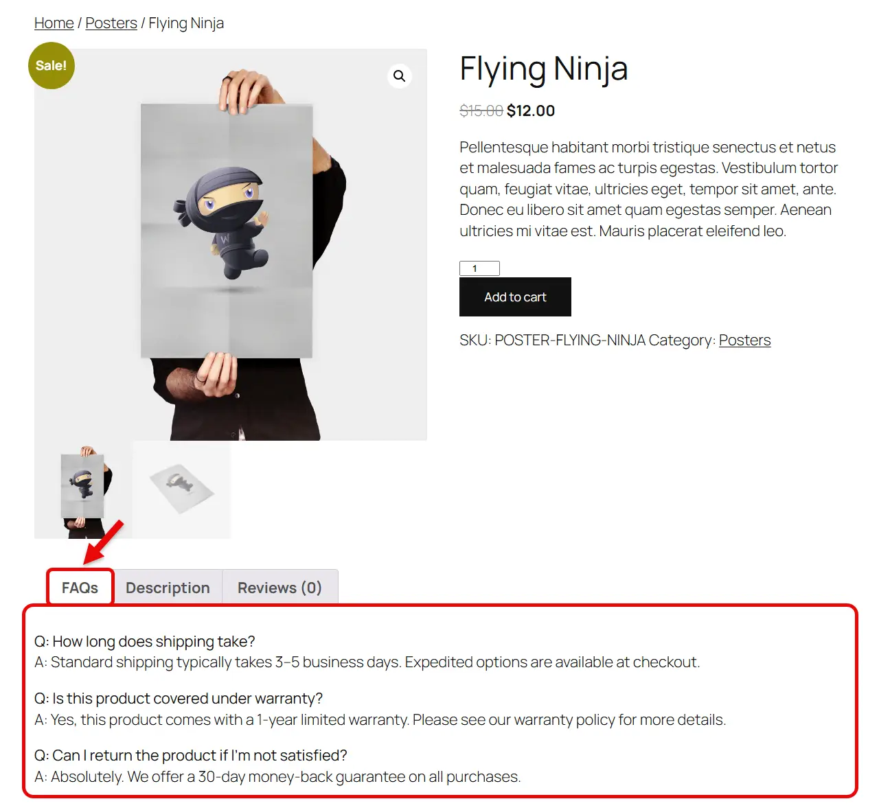 The live example of custom product tab added to WooCommerce.