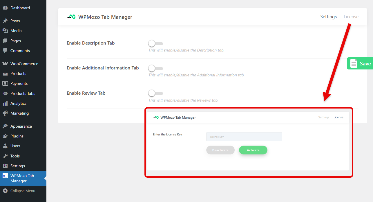 Default options of the WPMozo Tab Manager plugin with License menu.