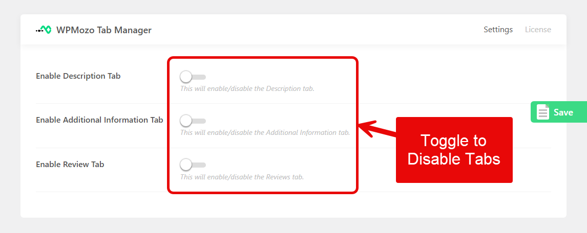 Disabling the native product tabs of WooCommerce using the WPMozo Tab Manager plugin.