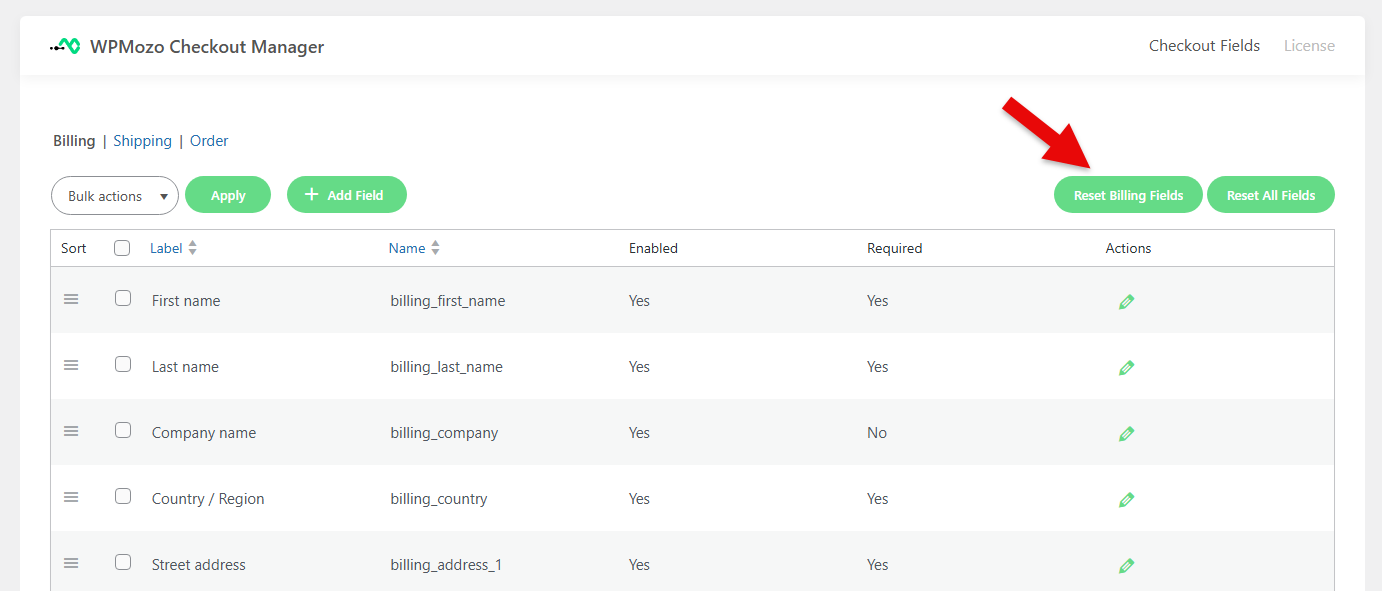 Reset WooCommerce Billing Fields.