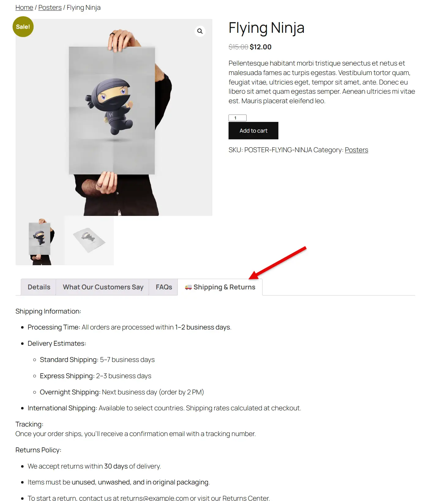 Shipping and Returns use case of the Tab Manager plugin.