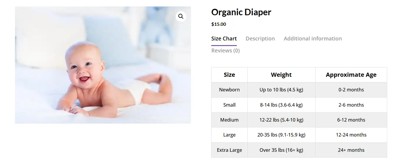 WooCommerce Tab Manager Size Chart example.