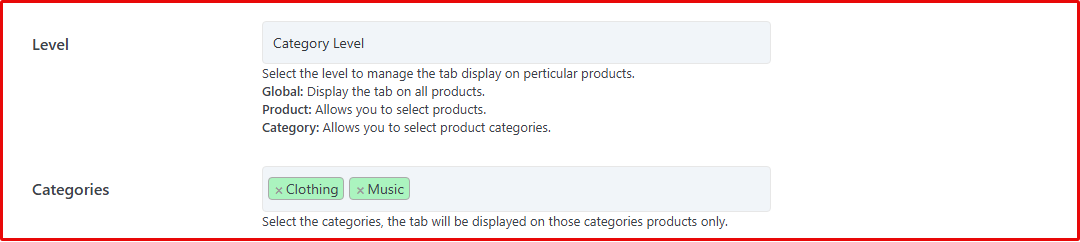 Categories selected in the Tab level option.