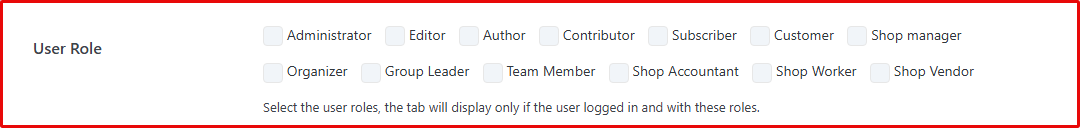 List of user roles in the User Role option of the WPMozo Tab Manger Tab Settings.