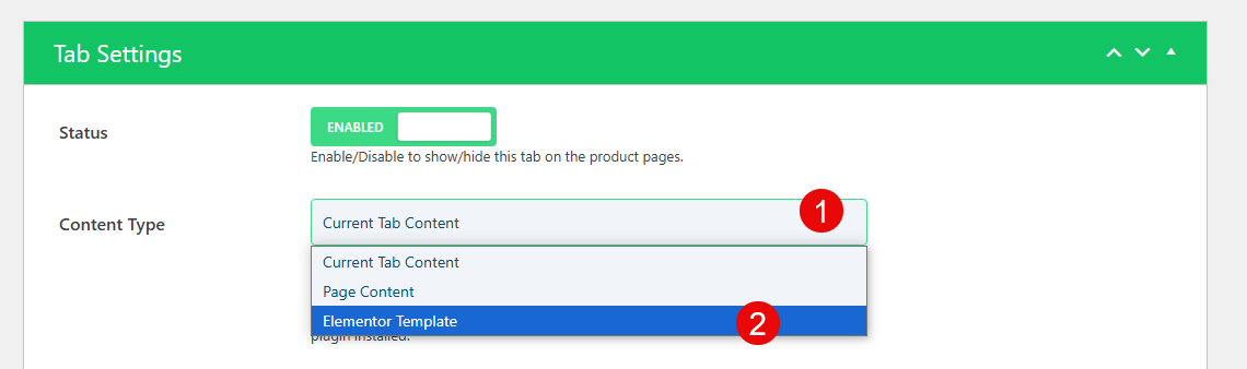 Content type option of the WPMozo Tab Manager plugin.