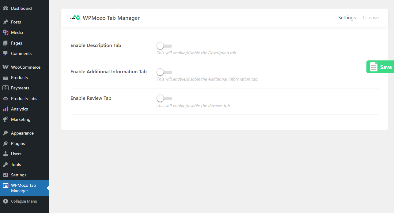 WPMozo Tab Manager plugin's default settings.