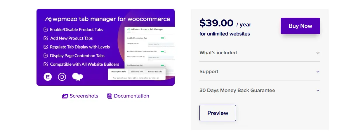 Pricing of the WPMozo Tab Manager plugin for WooCommerce.