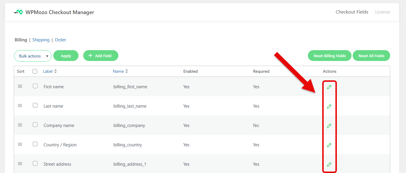 Actions option of the WPMozo Checkout Manager.