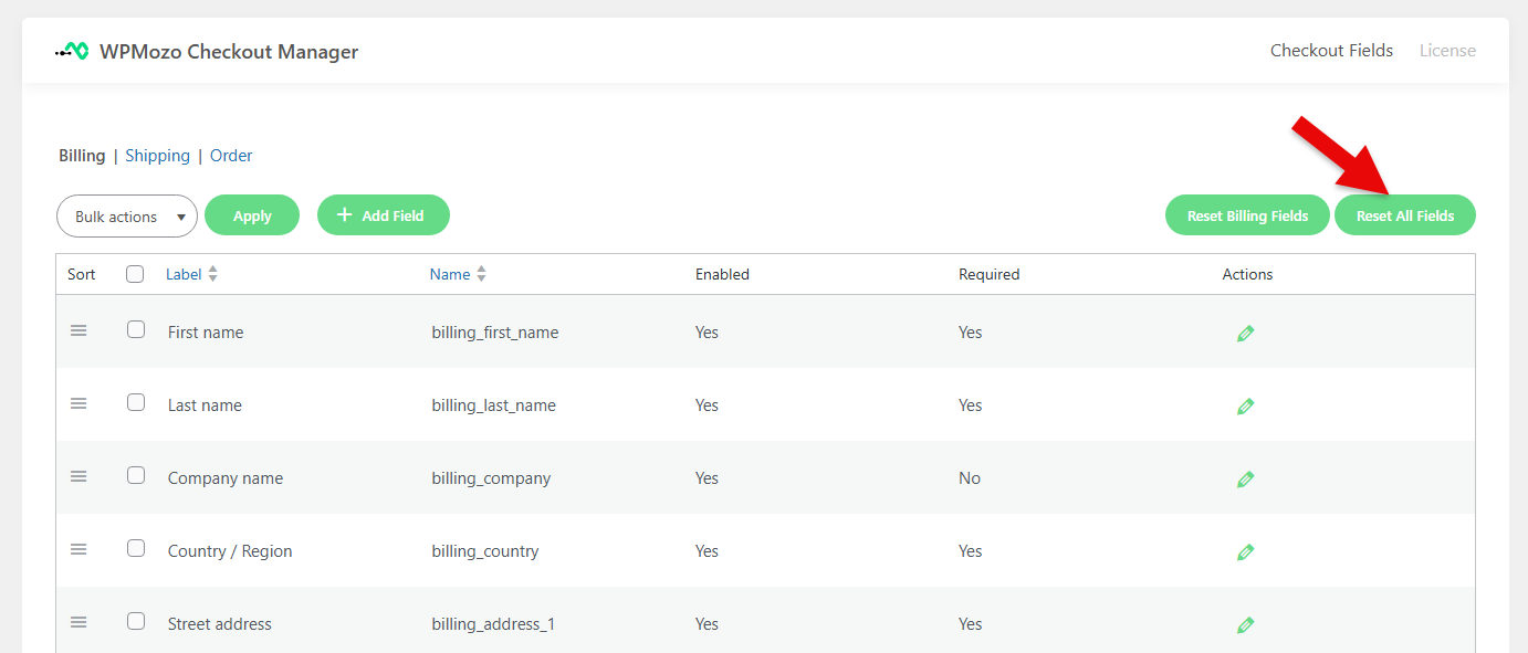 Resetting all fields in the checkout manager for Woo by WPMozo.