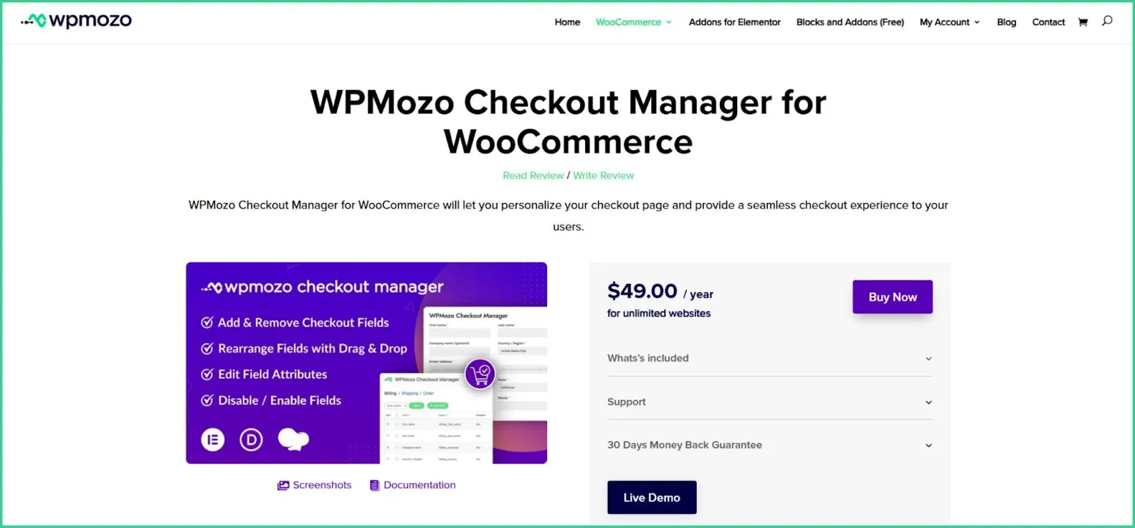Homepage of WPMozo Checkout Manager for WooCommerce.