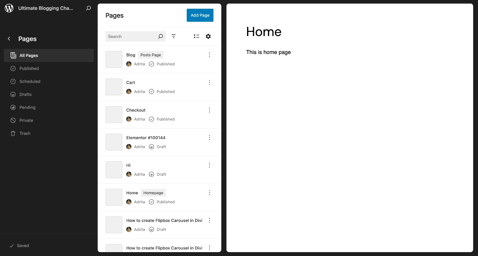 WordPress Pages section in the editor.