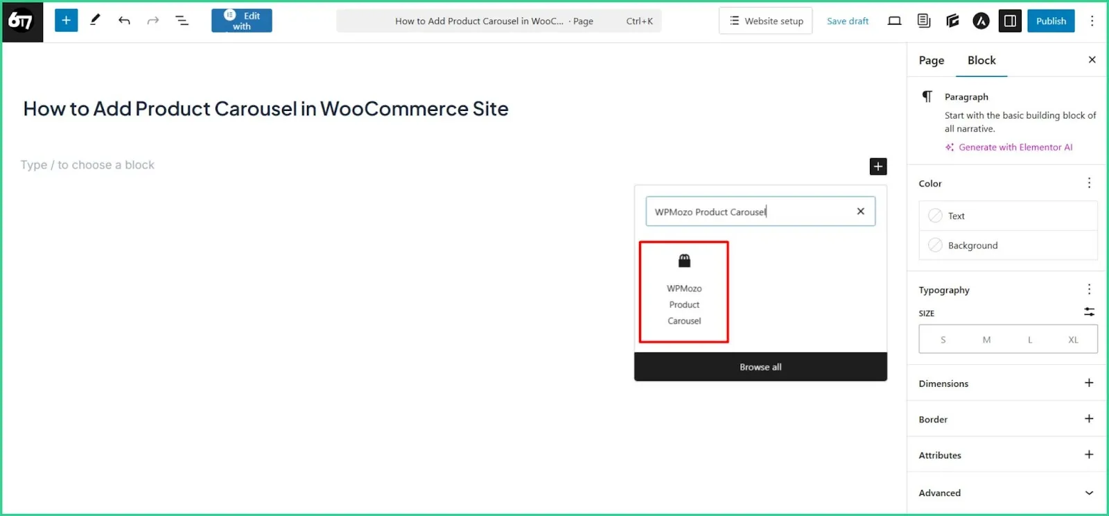 The Gutenberg widget of WPMozo Product Carousel plugin.